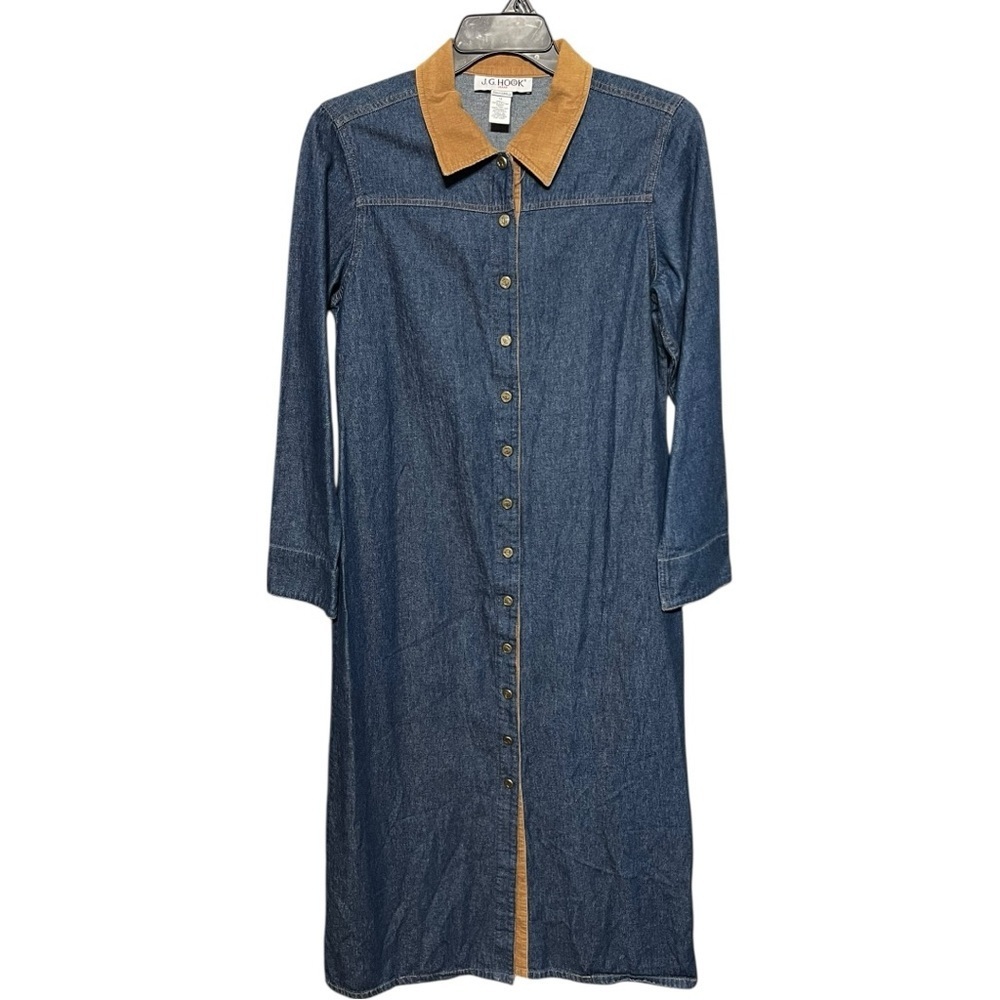 JG Hook Vintage Denim Shirt Dress 12 Blue Jean Midi Corduroy Trim Button Front